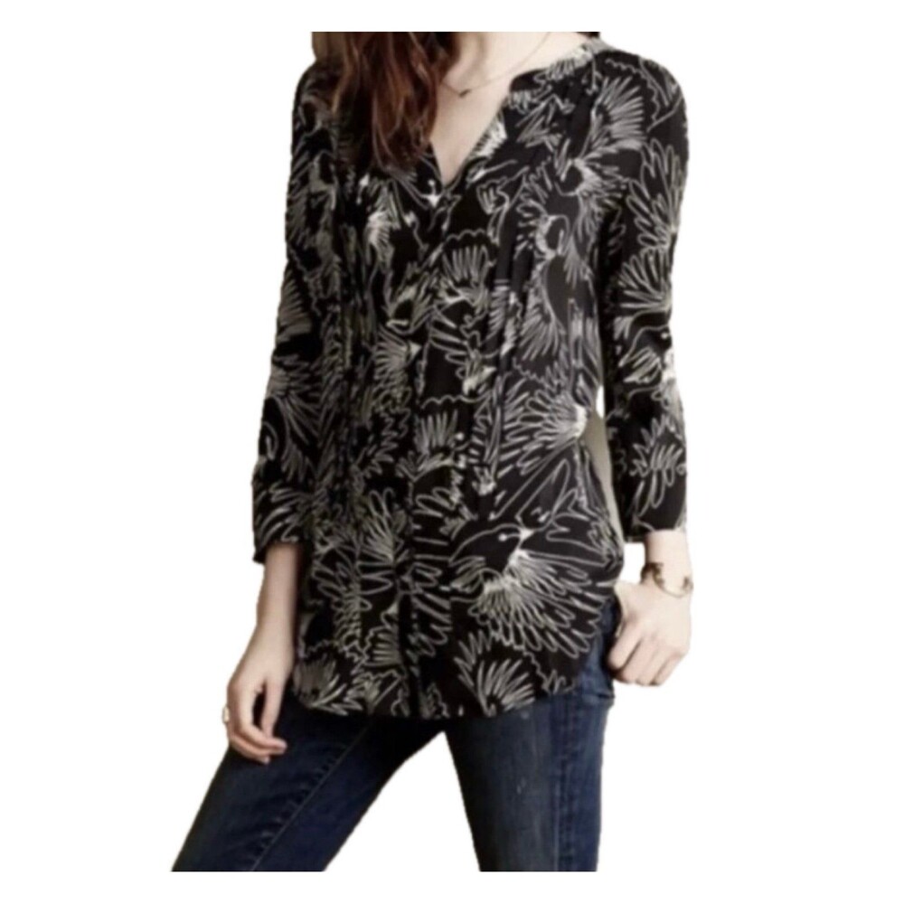 Anthropologie MaEve Bird Novelty Print Pintuck Pleated Button Up Blouse 6